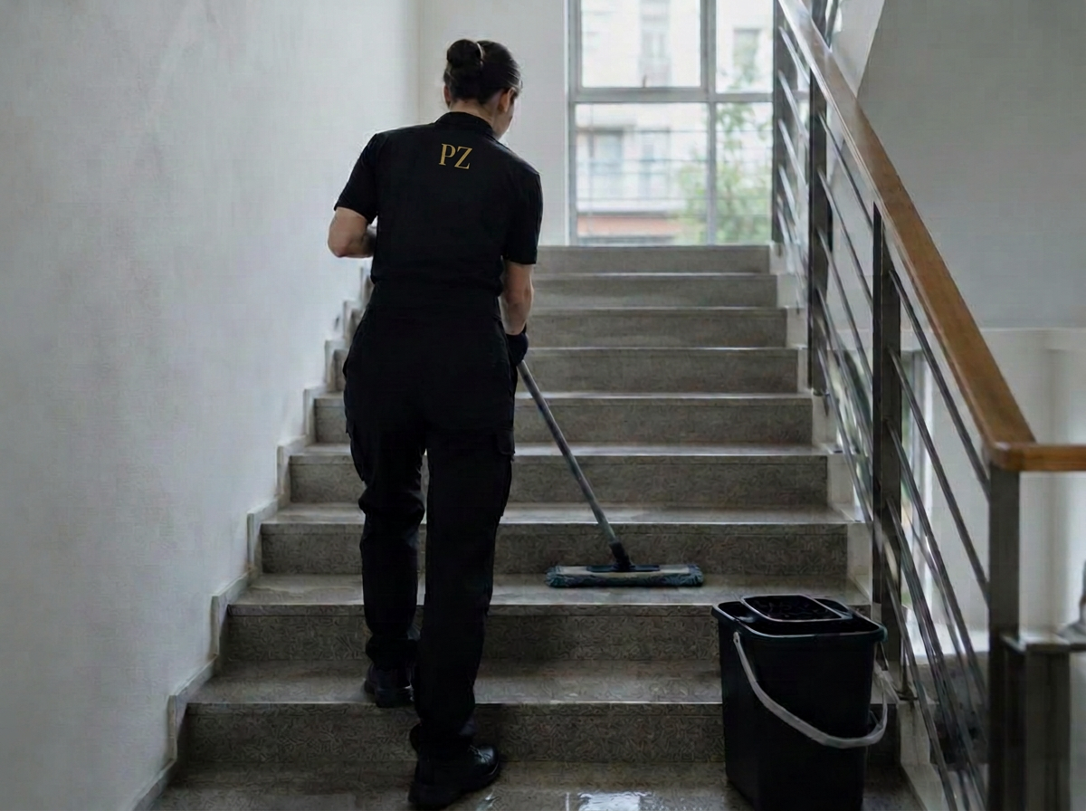 Medewerker dweilt een stenen trap