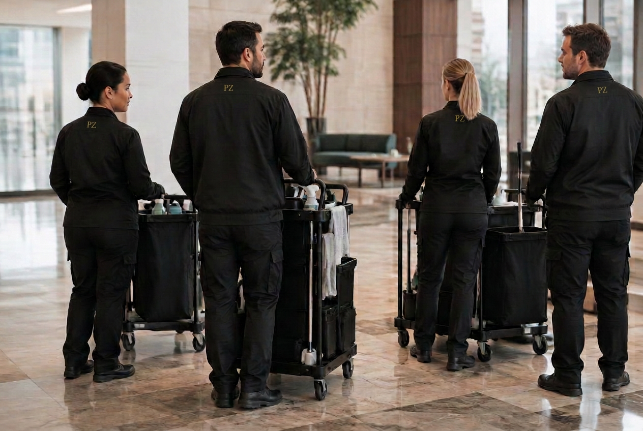 Team van Proper & Zo in zwarte uniformen met schoonmaaktrolleys in een lichte lobby